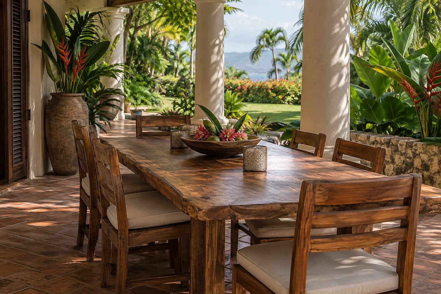 Timber dining furniture on a shaded garden terrace